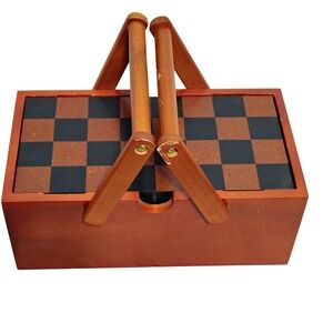 Wooden Picnic Basket Style Game Set Chess Checkers Dominoes Cribbage Board‎